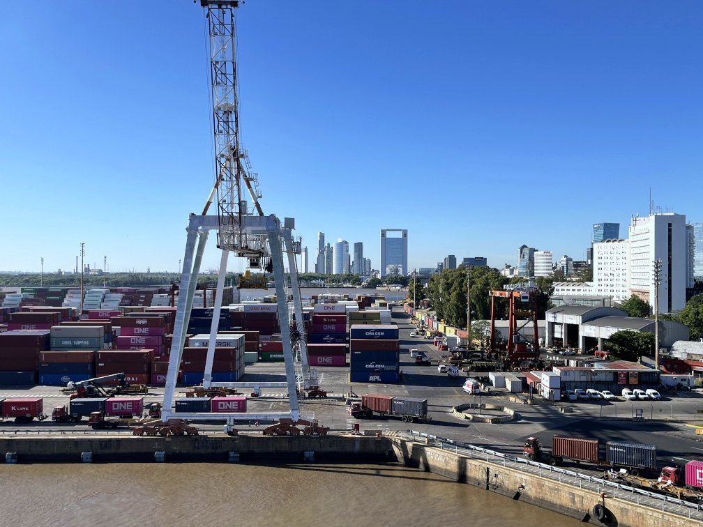 Containerhafen mit Verladekran vor der Skyline von Buenos Aires